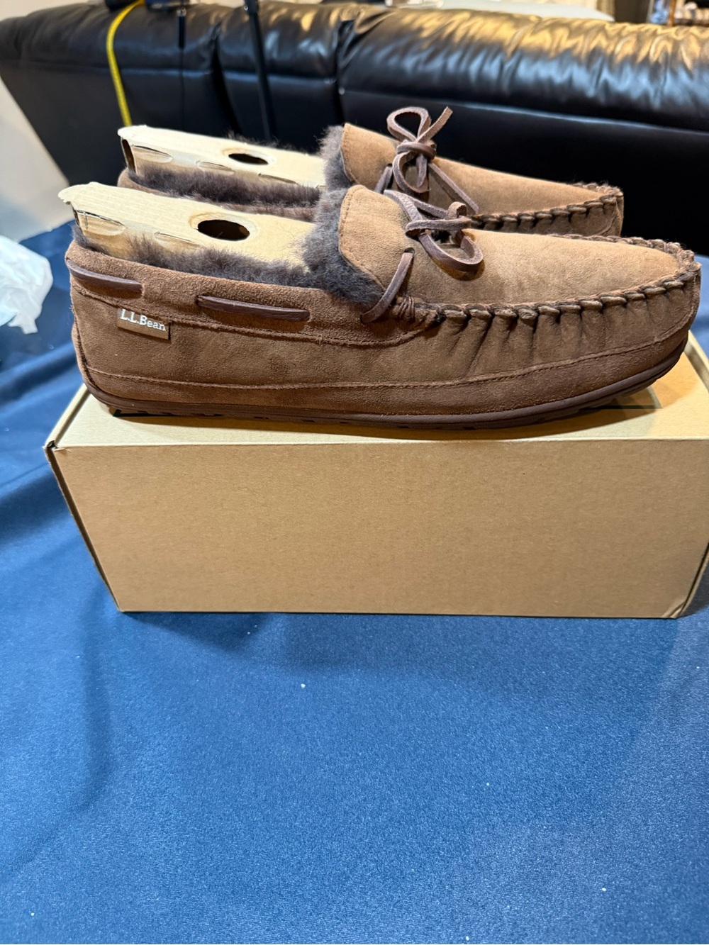 L.L. Bean Men's Chocolate Brown Suede Moccasin Slippers with Shearling Trim